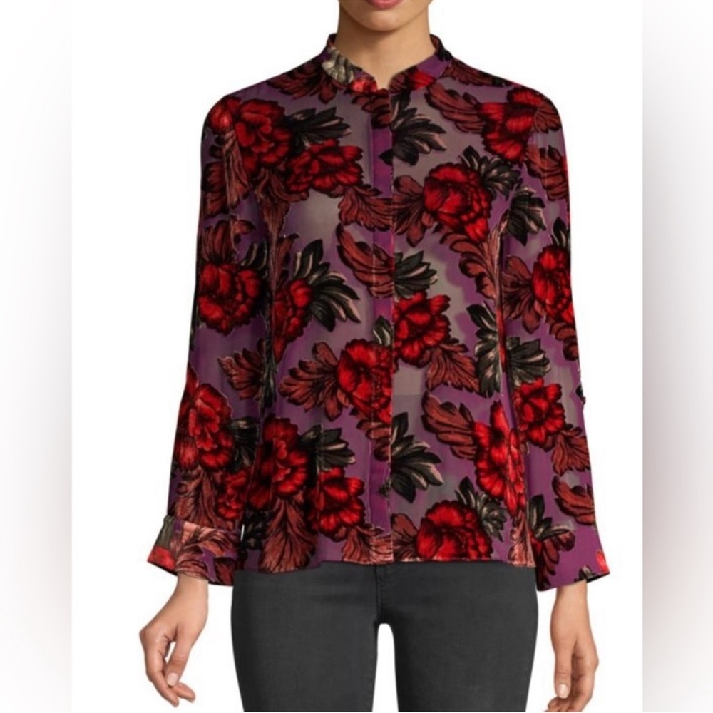Alice & Olivia Floral Sheer Blouse - Red and Purple